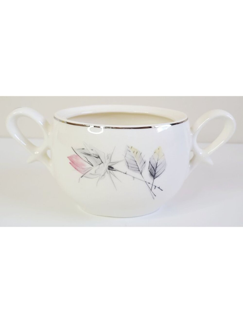 MCM Porcelain Sugar Bowl Pink & Gray Floral Design Silver Trim Vtg Tableware - Picture 2 of 7